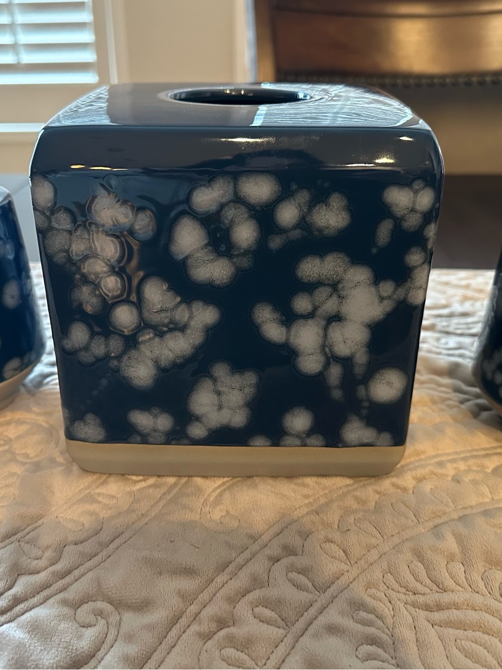 Ceramic Navy & White Decorative Tissue Box Cover & 2 matching toothbrush holders